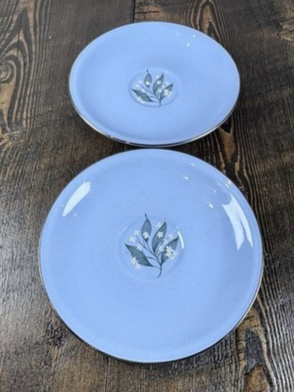 Set of 2 Homer Laughlin Skytone Blue Teacup Saucer Stardust Blue‎ MCM Leaves